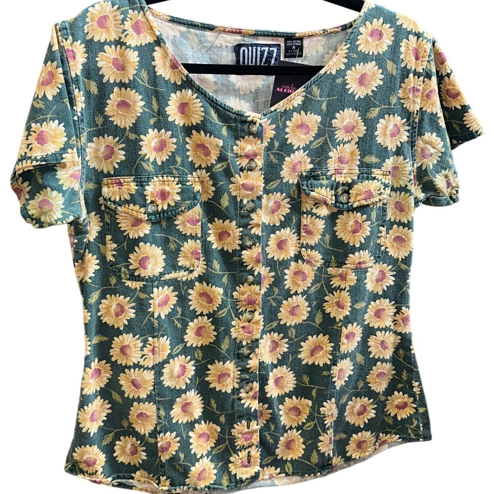 Vintage Quizz Sunflower Button Up Top Green 90s Cottagecore Tailored Cotton M